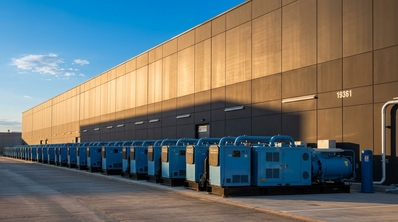 Row of standby diesel generators outside a hyperscale data center at dusk