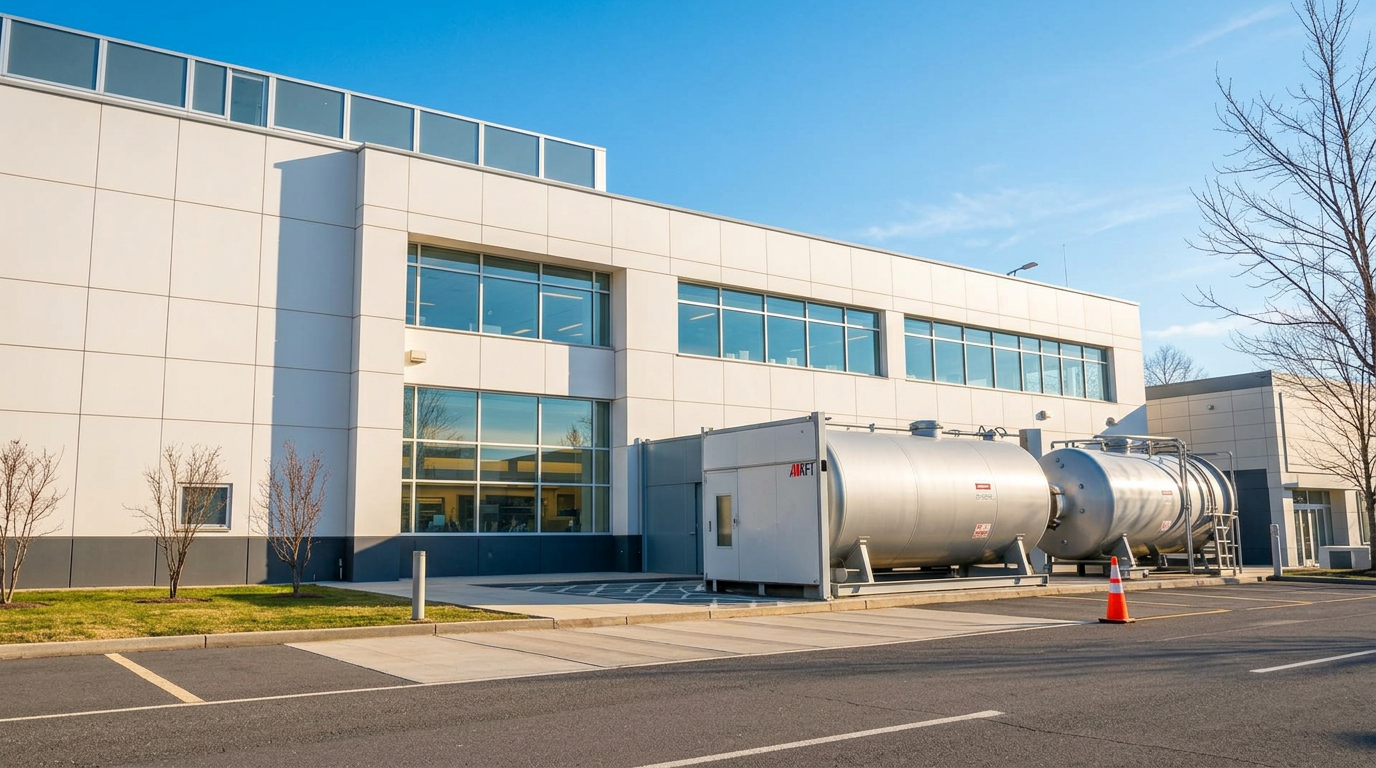 Modern hospital facility with emergency backup fuel tanks at dusk